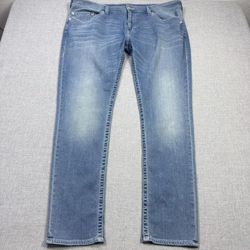 True Religion Jeans Mens 44x34 Straight‎ Blue Light Wash Denim Logo Pockets